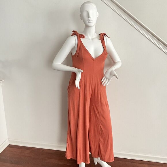 New FP Beach Alice Wide Flare Leg Jumpsuit One-piece Cinnamon Tie Shoulder XS - Picture 12 of 12